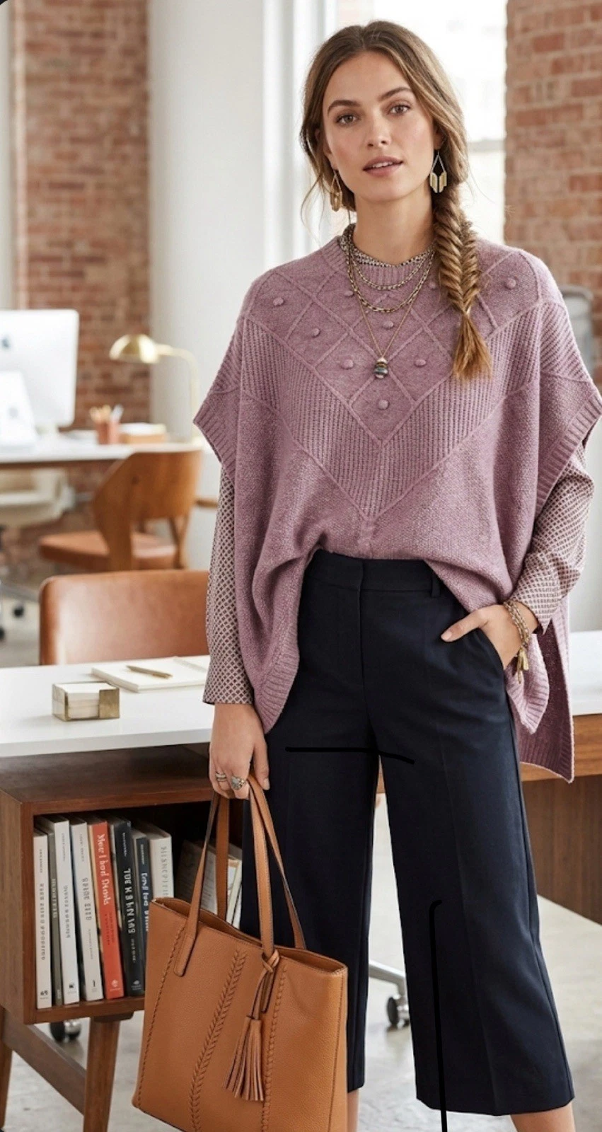 LOFT Knit Poncho Sweater XS Lavender Textured Diamond Stitch Cozy Cape Pullover