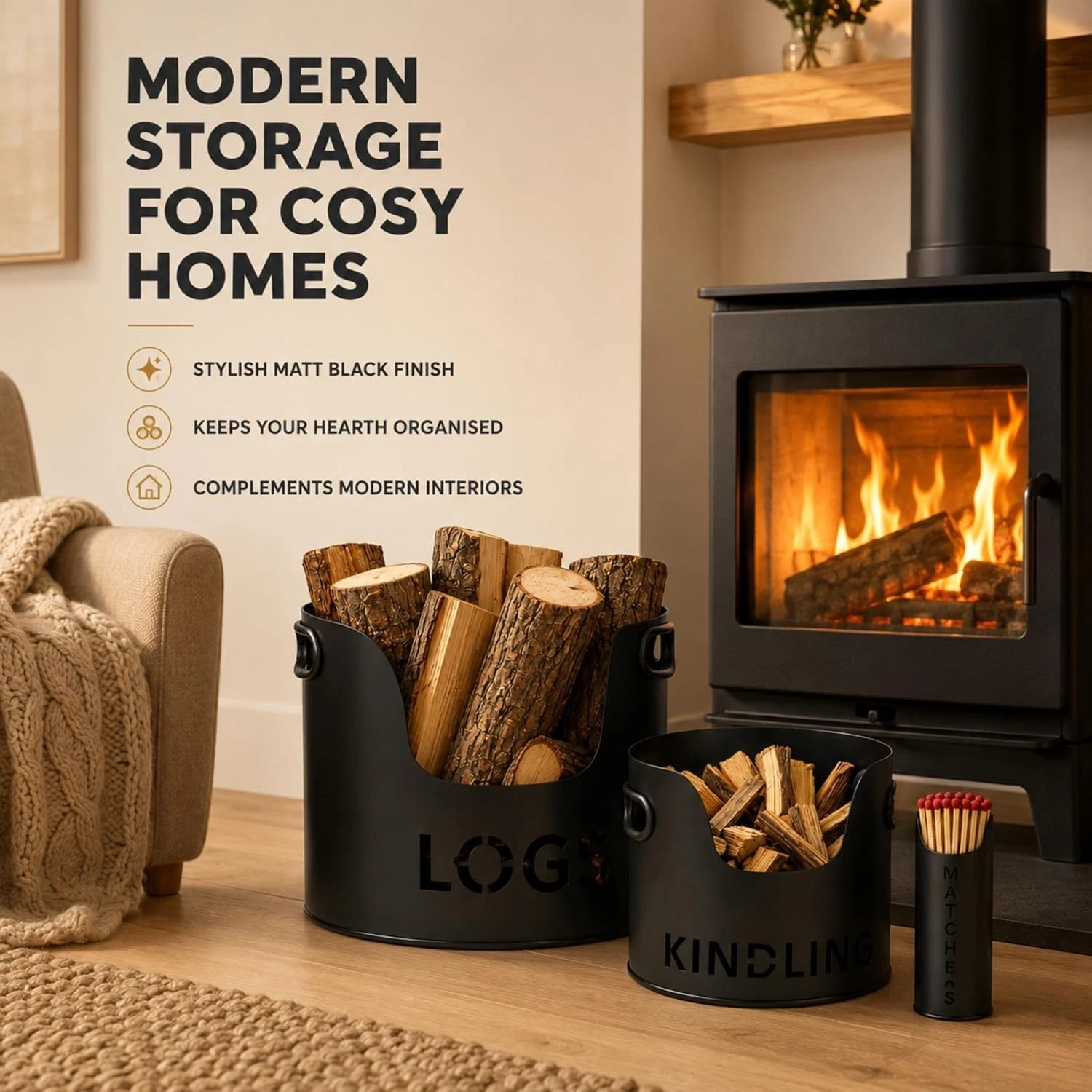 3PC Firewood Log Storage Bucket Set Kindling Match Holder Fireplace Accessories - Image 3