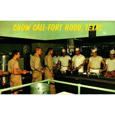 Postcard Texas Fort Hood Army Base Chow Call Serving Line Chrome Era