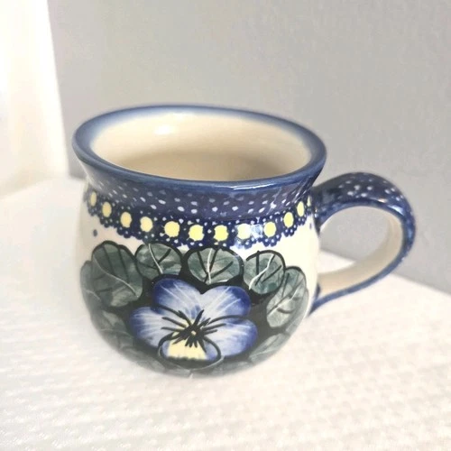 Polish Pottery Bubble Coffee Mug UNIKAT Pansie Flower 10oz Cup 