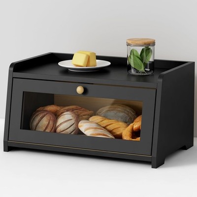 Black Bread Box for Kitchen Countertop, Vintage Wooden Counter Breadbox, 
