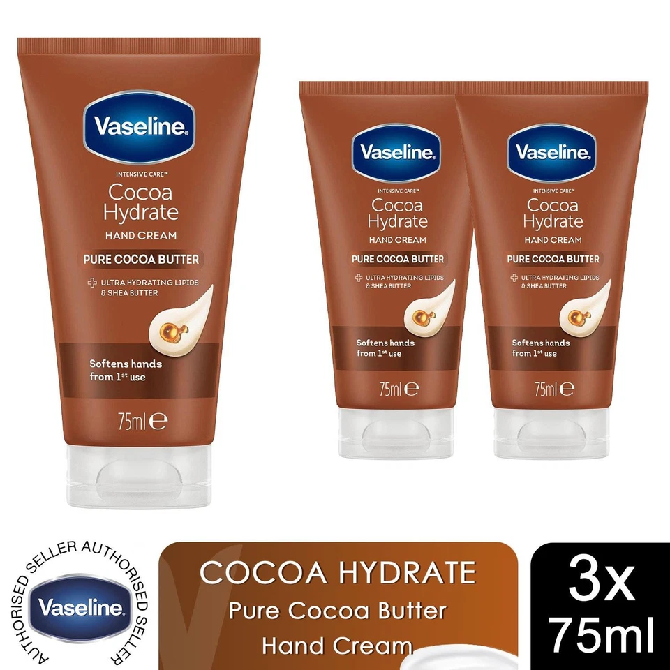 Vaseline Hand Cream Intensive Care Pure Cocoa Butter Cocoa Hydrate 75ml, 3 Pack