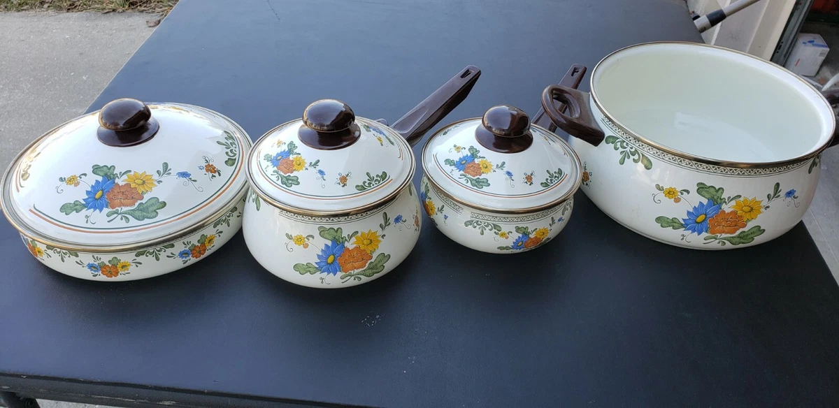 7 Piece Vintage Enamel Set. Flower Pots and Pans. 