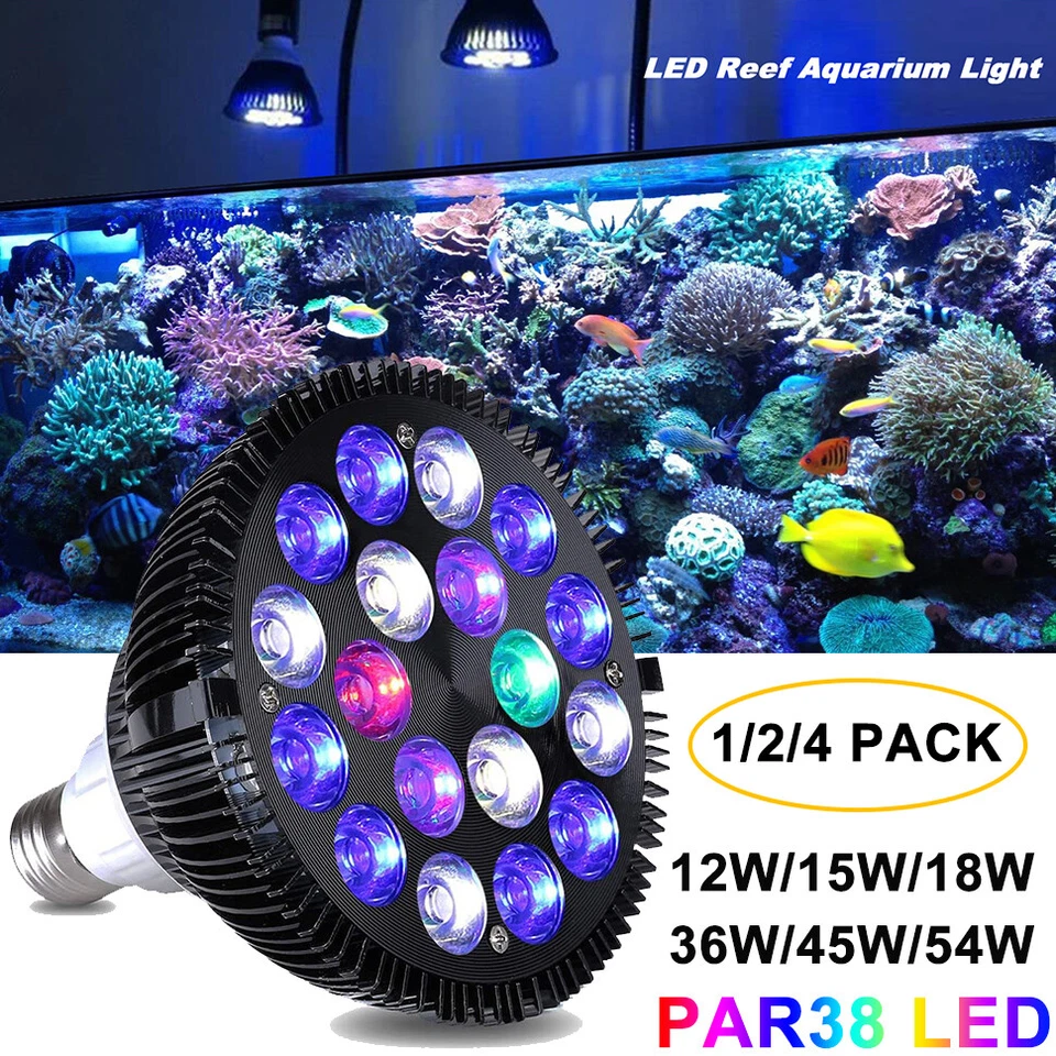 E27 LED Aquarium Spotlight Bulb Full Spectrum Fish Tank Marine Plant Lamp 12-54W - Image 2 of 4