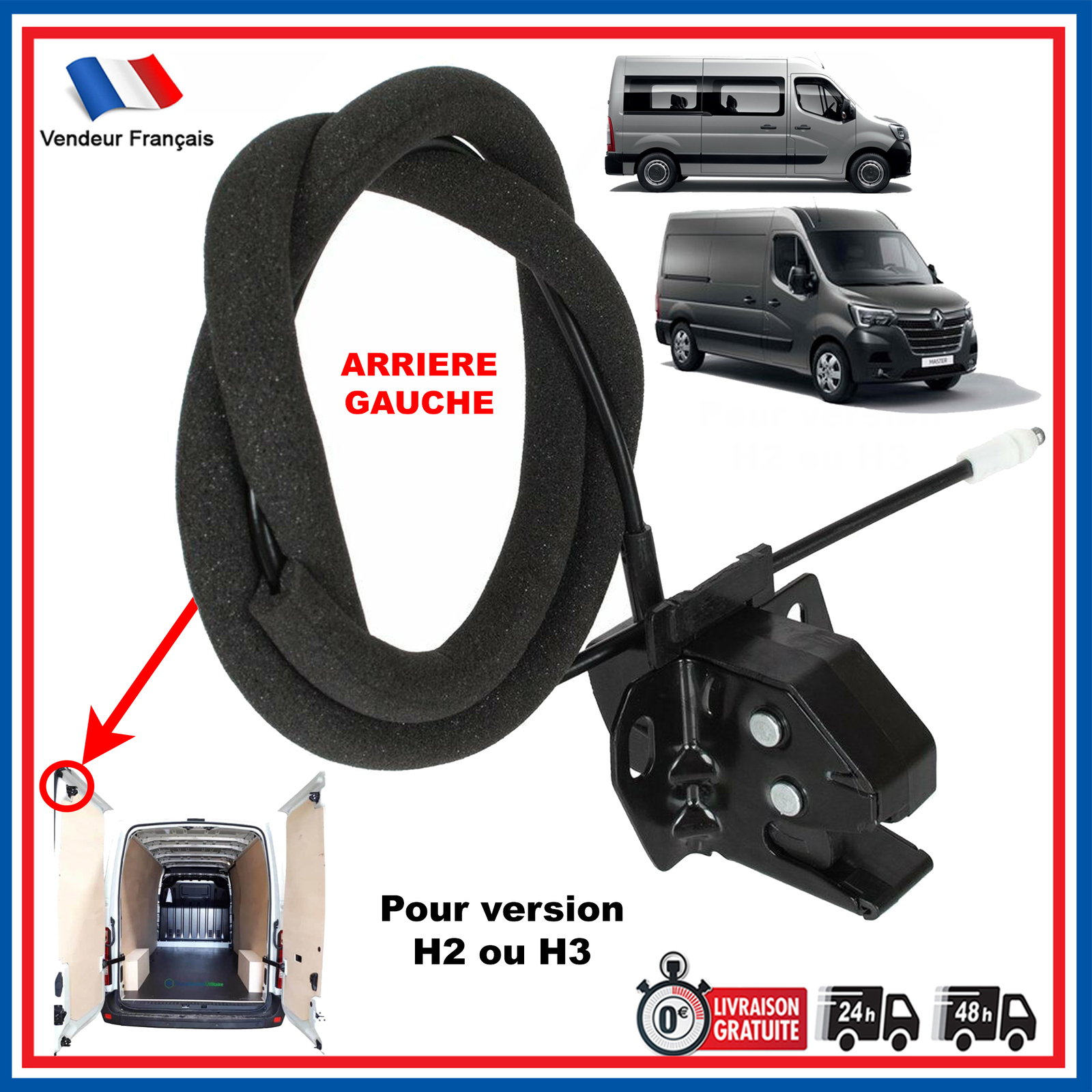 Serrure porte arrière gauche Renault Master 3 H2 H3 réhaussé