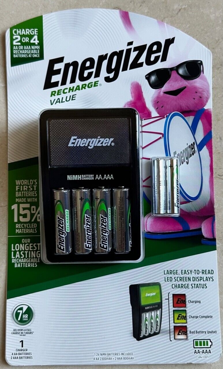 Energizer NiMH Battery Charger 4 AA and 2 AAA Rechargeable Batteries Kit