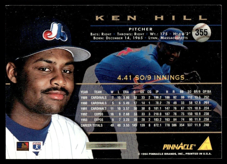 1994 Pinnacle Ken Hill Montreal Expos #355 - Image 2 of 2
