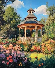 Victorian summerhouse in a blooming garden oil Painting 8x10 Print 