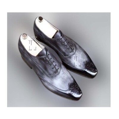 Handmade Men's Gray Wing Tip Brogue Genuine Leather Lace Up Shoes, Sale !!!