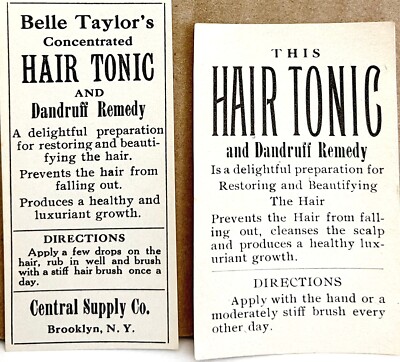 Beauty Hair Tonic Lot of 2 Central Supply Co Antique Labels 1910s Medical 