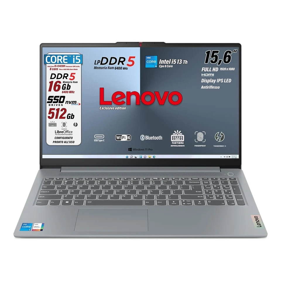 Notebook Lenovo Intel i5 13420H DDR5 16GB SSD 512GB FHD 15,6 Win11Pro Fing Retro