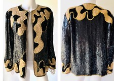 Vintage Judith Ann Creations Black Gold 1980s Sequin  appliqu  beaded jacket L