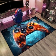 Gaming Area Rug Teen Boys Carpet, Fire with Flames Gamepad Game Controller