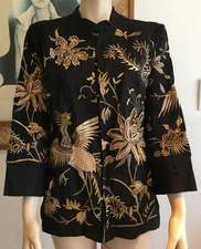 Gorgeous Citron Santa Monica Women's sz M Linen Floral Bird Asian Art Shirt