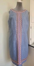 Talbots Linen Sleeveless Dress, 10 Petite, Lined, Chambray With Embroidery