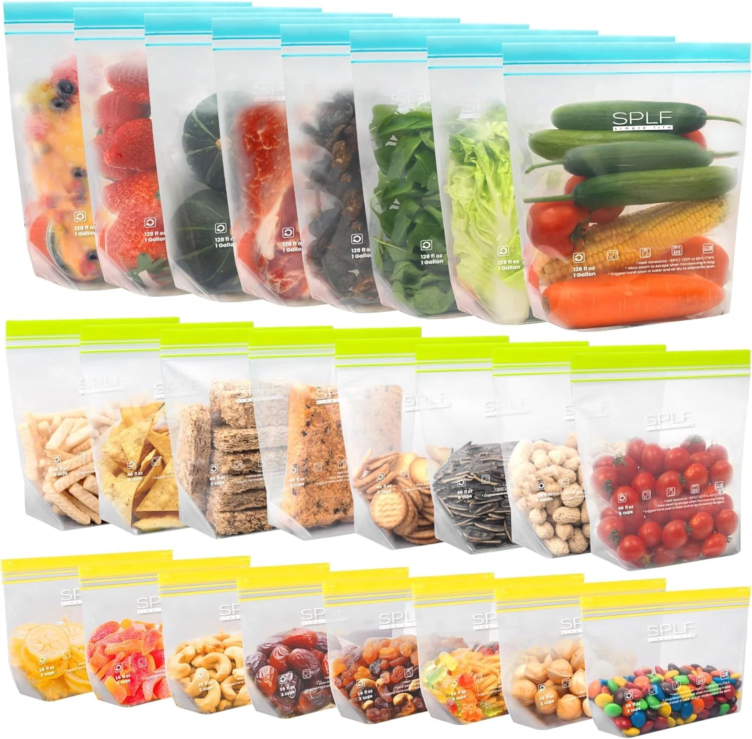 24 Pack Reusable Food Storage Bags Dishwasher Microwave Safe BPA Free Reusable