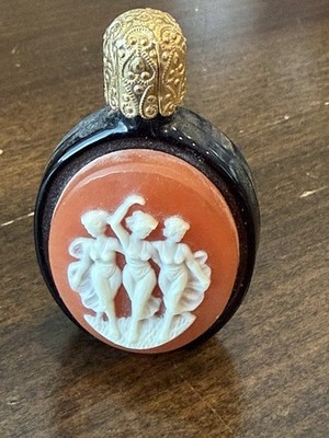 Vintage Austria Cameo Perfume Bottle Black Glass 3 Graces Figural Gold Cap