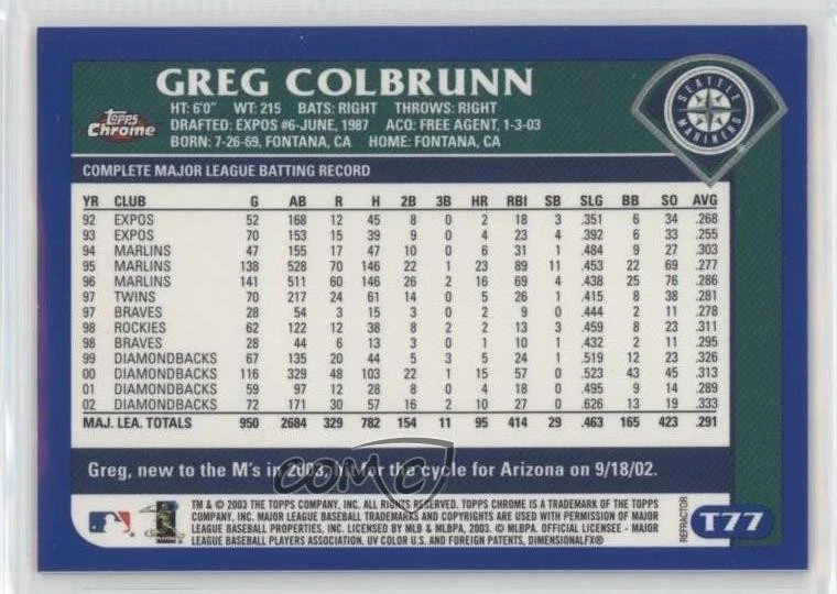 2003 Topps Chrome Traded & Rookies Refractor Greg Colbrunn #T77 - Image 2 of 2