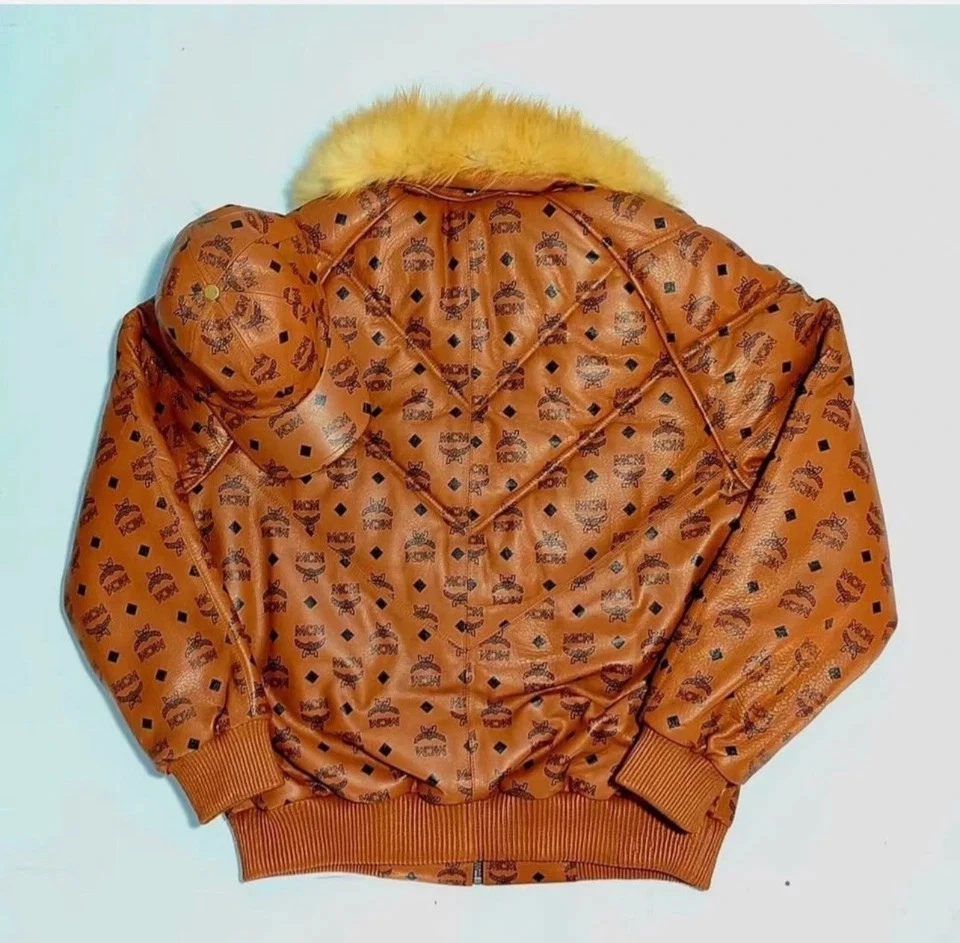 MCM Cognac Monogram Leather Puffer Jacket w/ Fur Collar + Matching Hat - Image 2 of 4