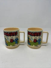Vtg 1980's Smurfs Smurfette Plastic Cup (2) Handled Kids Mug Deka USA Yellowed