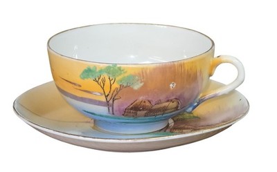 Antique Japan Hand Painted Orange Takito TT Teacup & Saucer Set Trees Sun