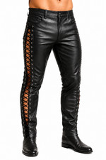 Men's Black Leather Pants Lace Up Sides Biker Motorcycle Slim Fit Trousers