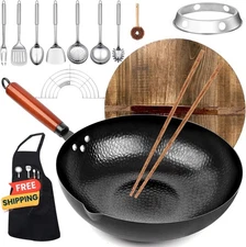 Wok de acero al carbono, juego de 14 woks y sartenes para saltear con tapa de ma