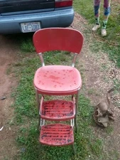 Vtg Cosco Red Chrome Kitchen Step Stool Farm Chair Plant Stand 1980s Retro Swag