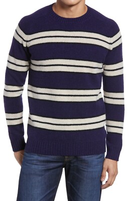 NWOT L Men's Nn07 Nathan Stripe 6212 Slim Fit Wool Crewneck Sweater Blue $195