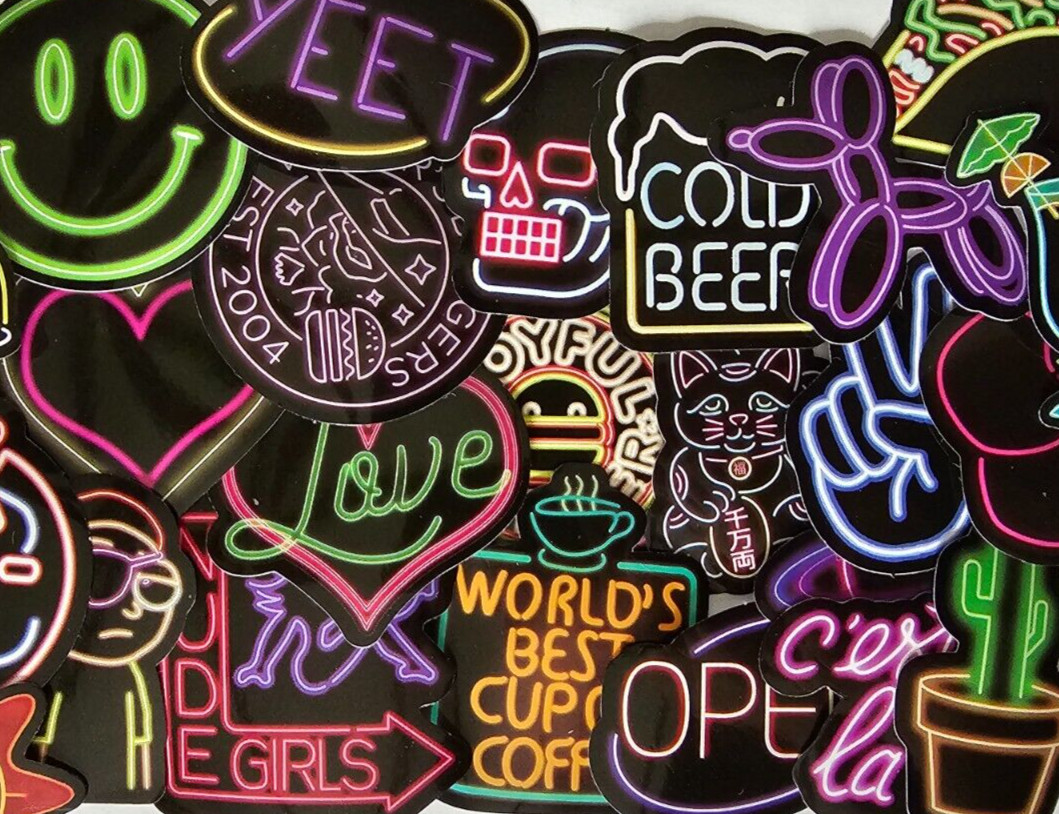 50 Cool Neon Stickers for Laptop/Water Bottle/Phone Case Decals