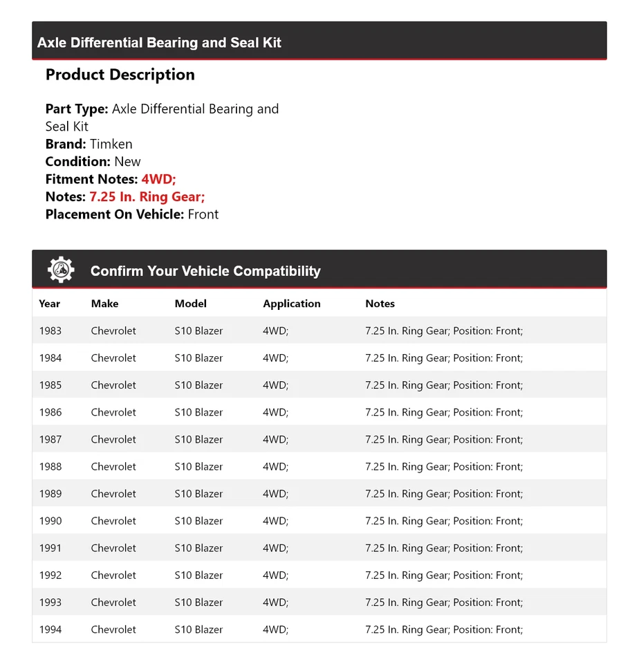 适用于 83-94 雪佛兰 S10 Blazer 轴差速轴承密封套件 前 Ti — 第 2/3 张图片