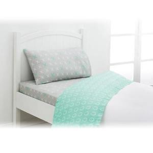 Single Bed Kids XOXO Grey Mint Flannelette Sheet Pillow Case