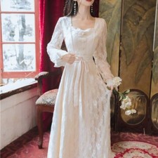 Women Fairy White Long Sleeve Dresses Lace Dress Elegant Vintage Square Collar