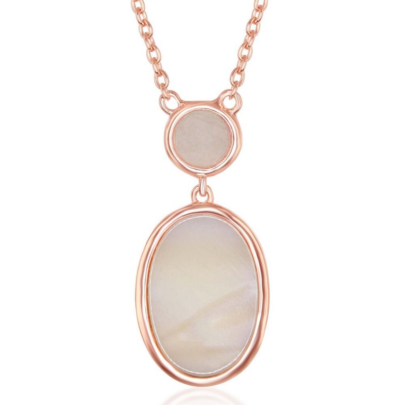 Rose Quartz Oval Pink Mother Pearl Necklace Rose Gold Plated - Product main view
