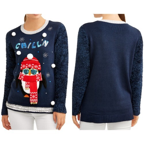Holiday Time Blue Chill'n Penguin Christmas Sweater 2XL Tinsel Pom-Poms  Sequins