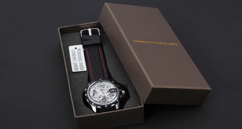 Reloj de vestir Winner automático esqueleto para hombre correa de silicona negra con caja de regalo Foto 3 de 4