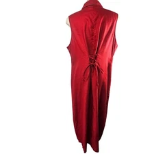 Avenue Washable Linen Red Maxi Shirt Dress Sz 18/20 Slveless Adjust LaceUp Back