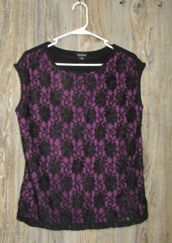 George Sz Large Black Purple Lace Floral Top Elegant Whimsigoth Y2K Punk Rock