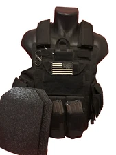 Black Tactical Vest Plate carrier w/ 2 Curved 10x12 Plates