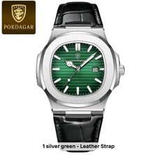 POEDAGAR Men's Luxury Quartz Watch Green Dial Waterproof Leather Strap