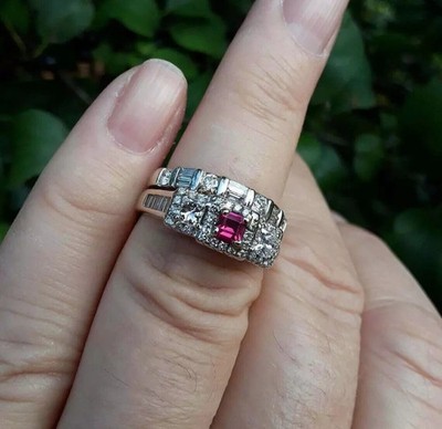 Art Deco Style Ruby & Lab Created Diamond 14k Rose Gold FN Engagement Ring Set