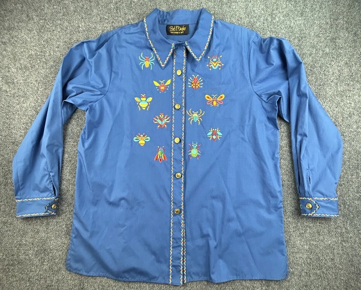 Bob Mackie Wearable Art Blue Embroidered Bugs Long Sleeve Button