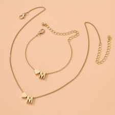 Gold Plated Necklace and Bracelet Set Initial Name and Heart