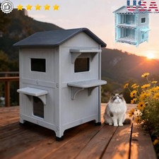 Insulated Outdoor Cat House 2 Story W/ Escape Door All Weather Protection New