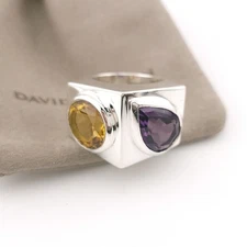 Rare Vintage David Yurman Sterling Silver Round Citrine & Pear Shape Amethy Ring