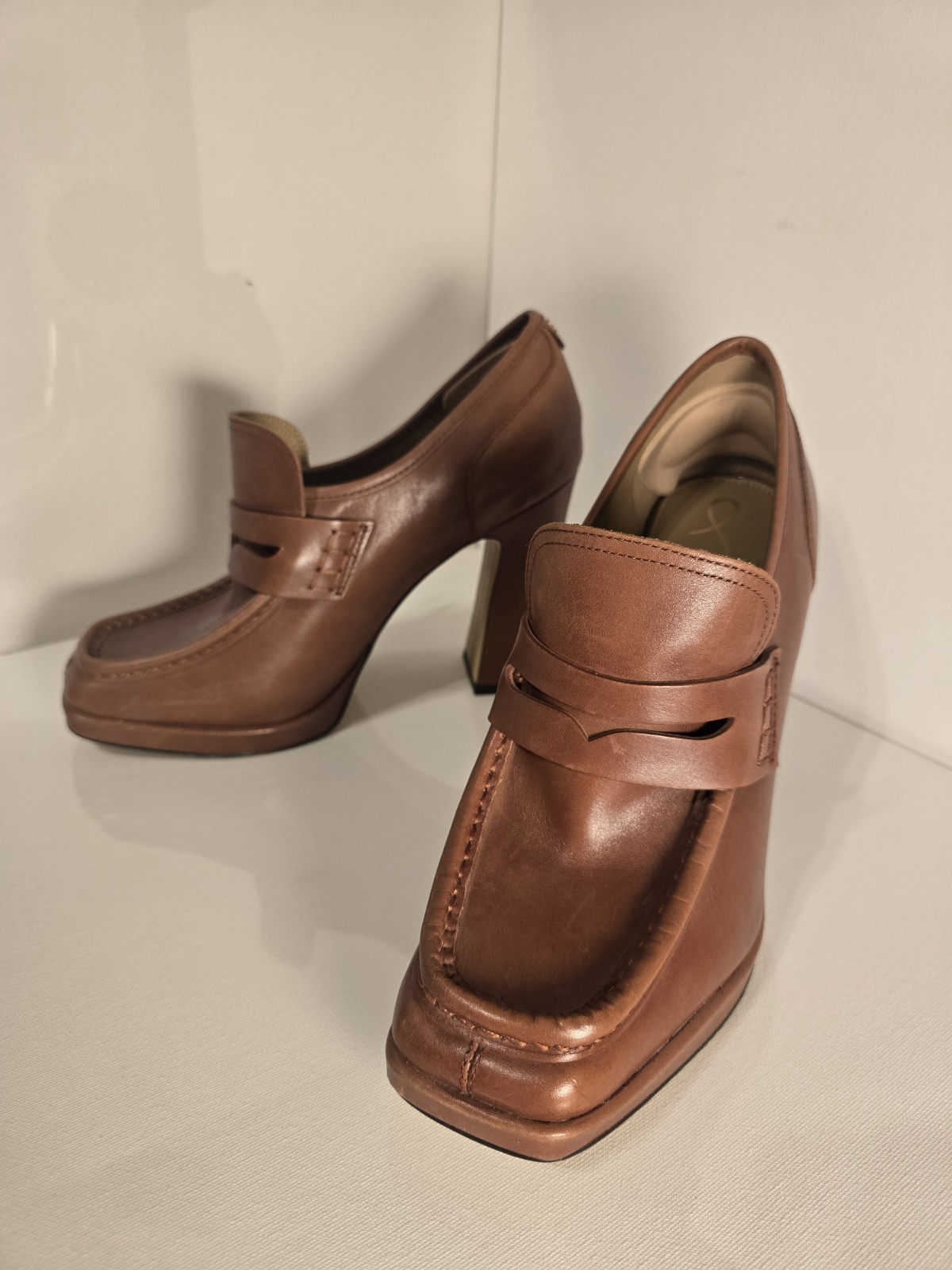 Brown Solid Leather Square Toe Block Heel Slip On… - image 1