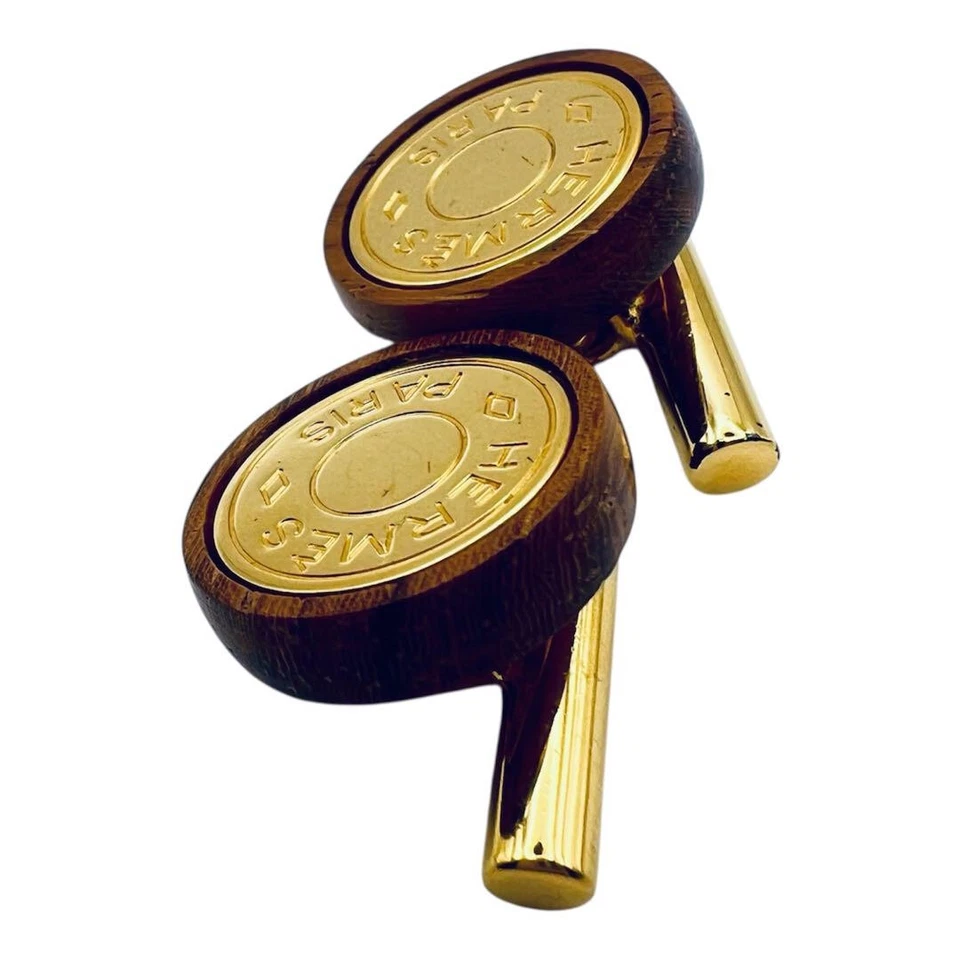 Gemelos HERMES Serie Oro Cadena Redonda Madera Metal Foto 2 de 4