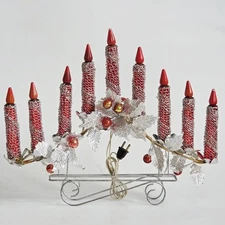 Vtg Mirostar Candolier 9 Lights Foil Leaves Menorah Candelabra Red Silver