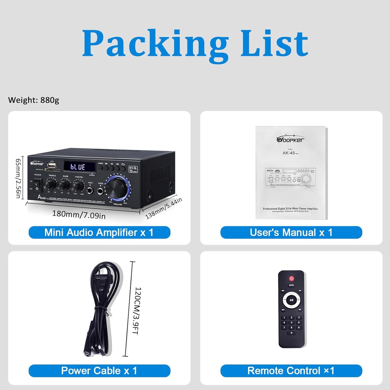 AK45 Pro 400W 2.0 Channel Bluetooth 5.0 Home Stereo Amplifier USB SD RCA MIC US