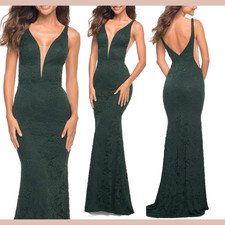 NWT La Femme 6 29732 Plunging V Neck Rhinstone Lace Gown Dark Emerald S2105